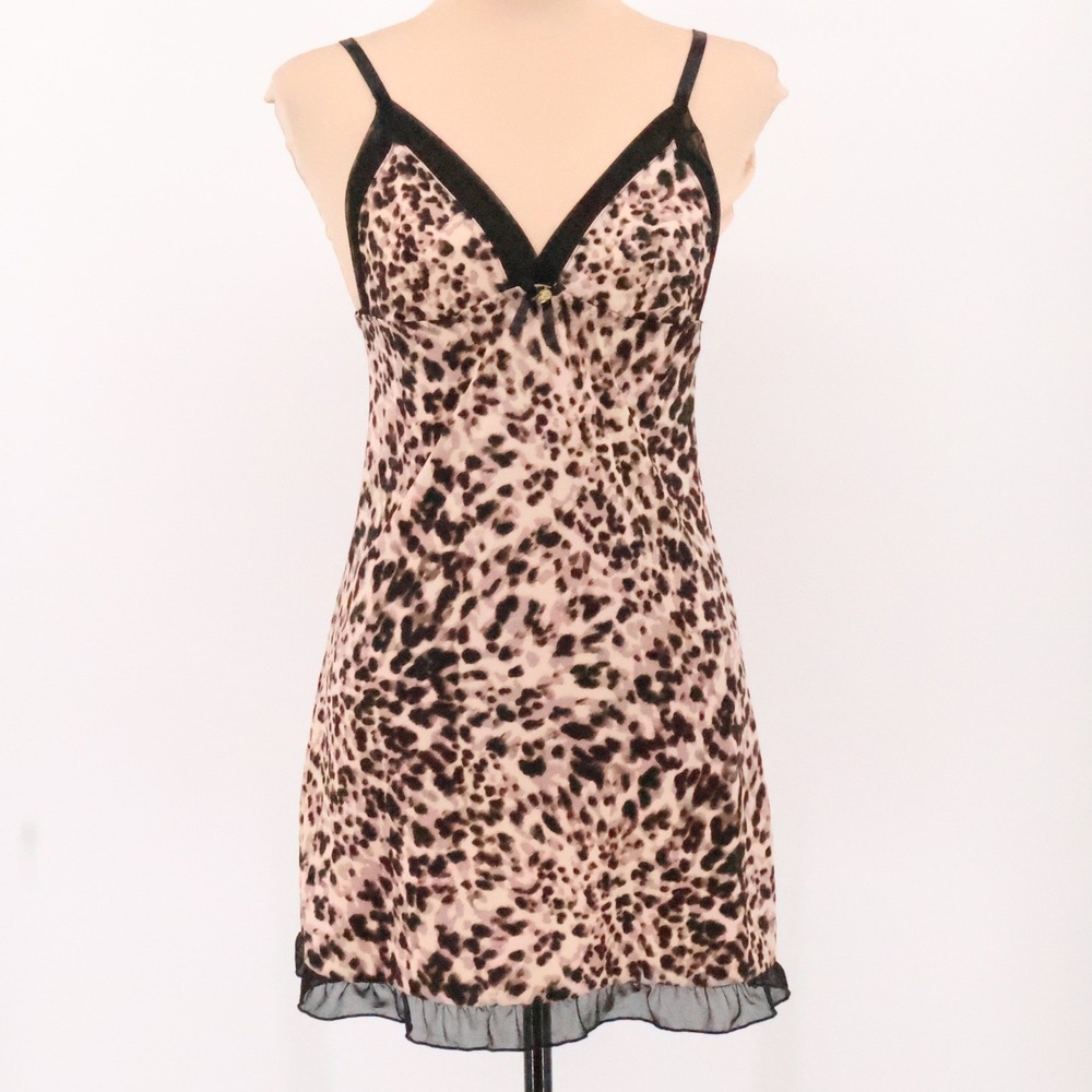 Leopard Babydoll Y2K Slip Dress Womens Chemise Lingerie Bows‎ Coquette Size S